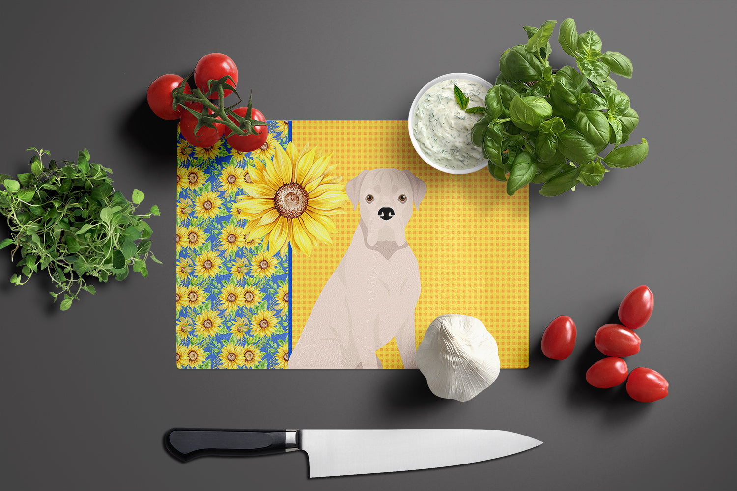 Summer Sunflowers Natural Eared White Boxer Cutting Board Tempered Glass Kitchen Cutting Surface, Heat Resistant Chopping, Non-Slip Feet, Food Prep & Serving
