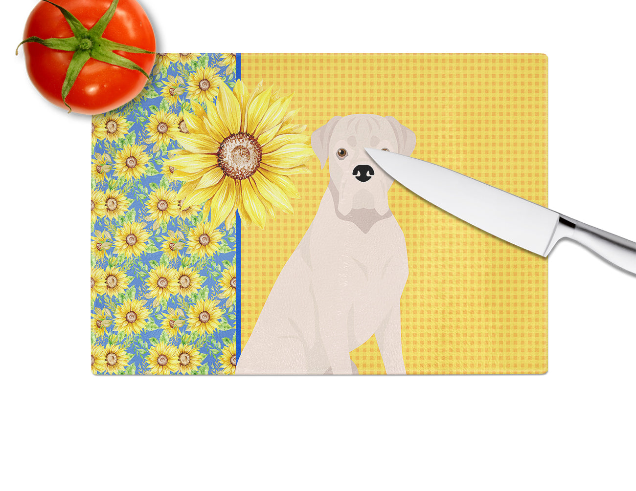Summer Sunflowers Natural Eared White Boxer Cutting Board Tempered Glass Kitchen Cutting Surface, Heat Resistant Chopping, Non-Slip Feet, Food Prep & Serving