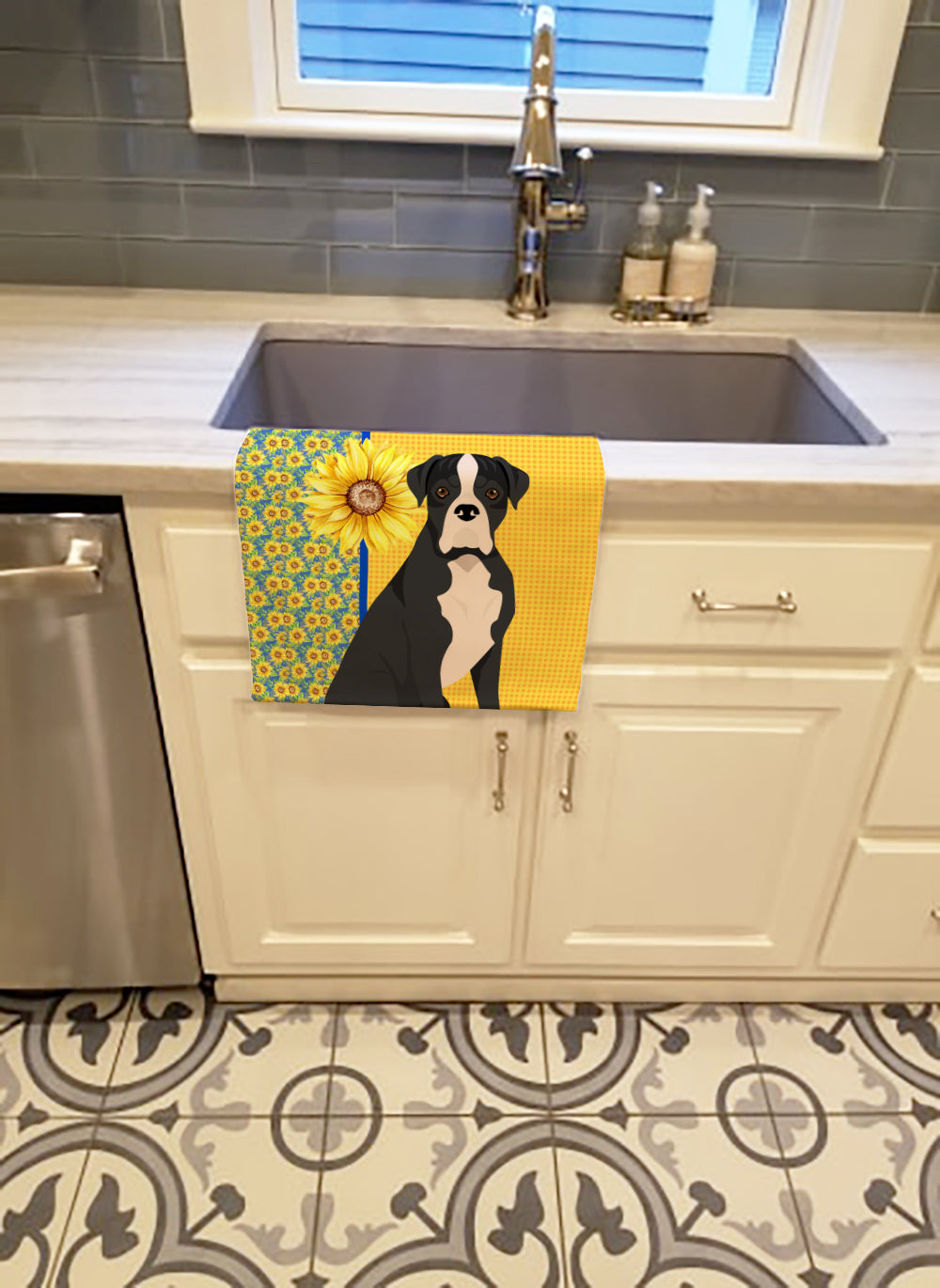Summer Sunflowers Natural Eared Black Boxer Kitchen Towel Velour Plush Front and Cotton Loop Back Machine Washable