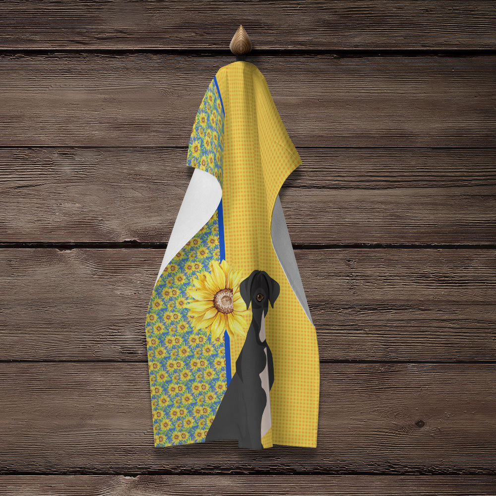 Summer Sunflowers Natural Eared Black Boxer Kitchen Towel Velour Plush Front and Cotton Loop Back Machine Washable