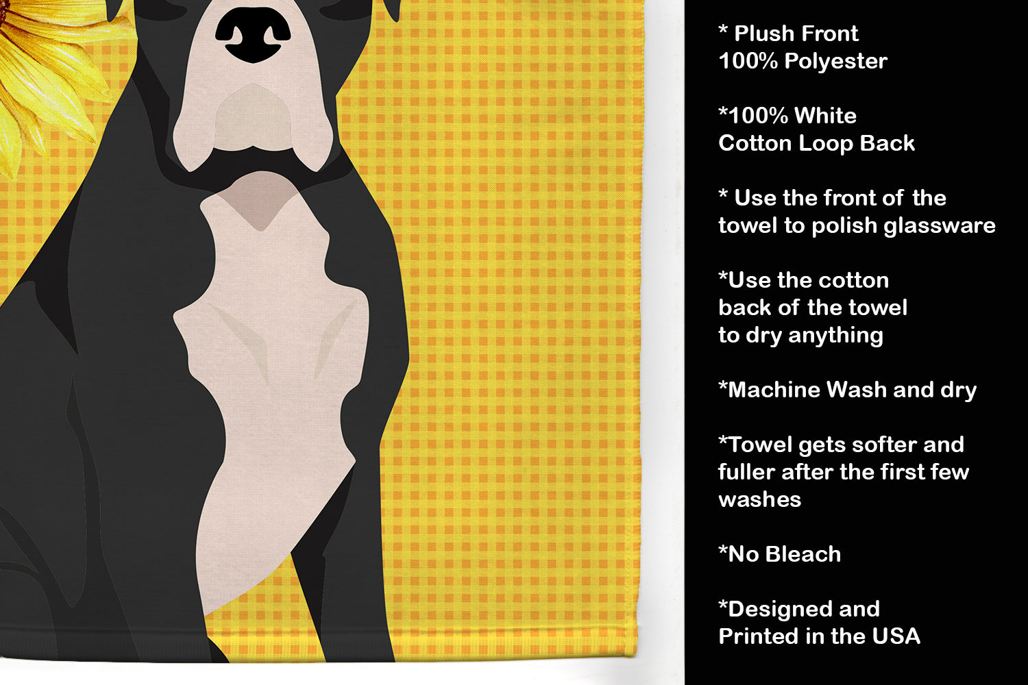 Summer Sunflowers Natural Eared Black Boxer Kitchen Towel Velour Plush Front and Cotton Loop Back Machine Washable