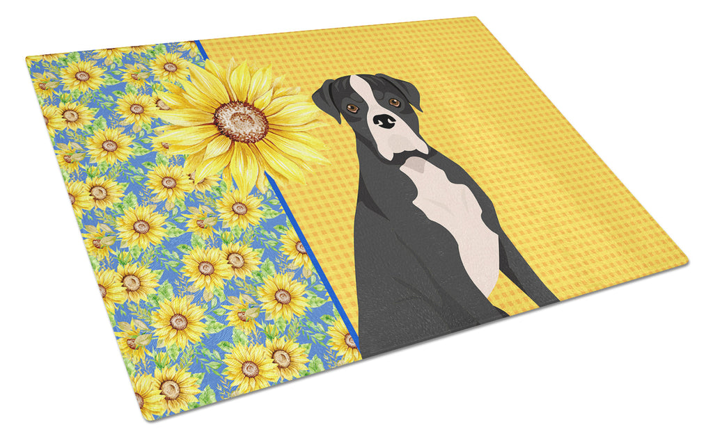 Summer Sunflowers Natural Eared Black Boxer Cutting Board Tempered Glass Kitchen Cutting Surface, Heat Resistant Chopping, Non-Slip Feet, Food Prep & Serving