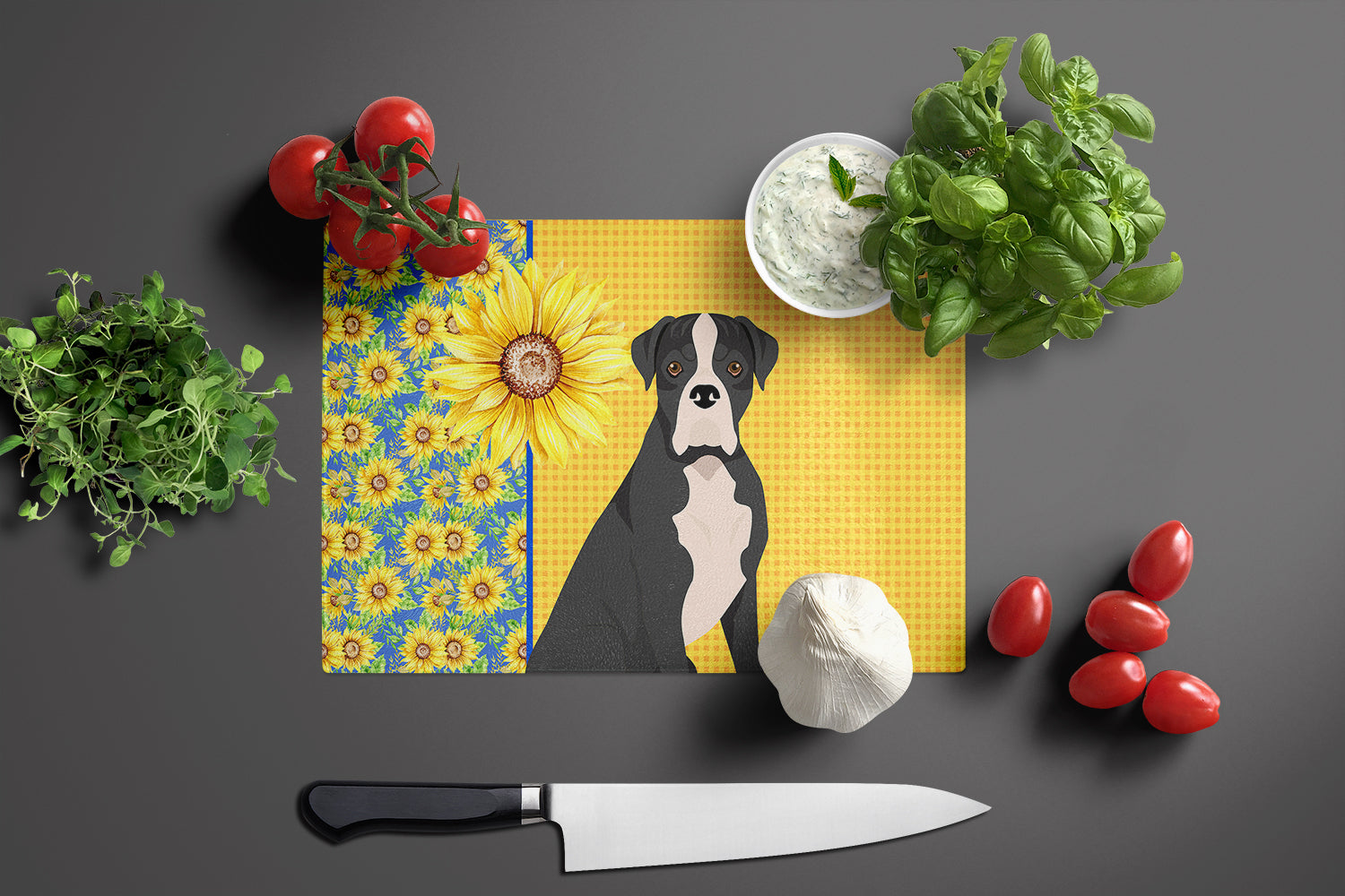 Summer Sunflowers Natural Eared Black Boxer Cutting Board Tempered Glass Kitchen Cutting Surface, Heat Resistant Chopping, Non-Slip Feet, Food Prep & Serving