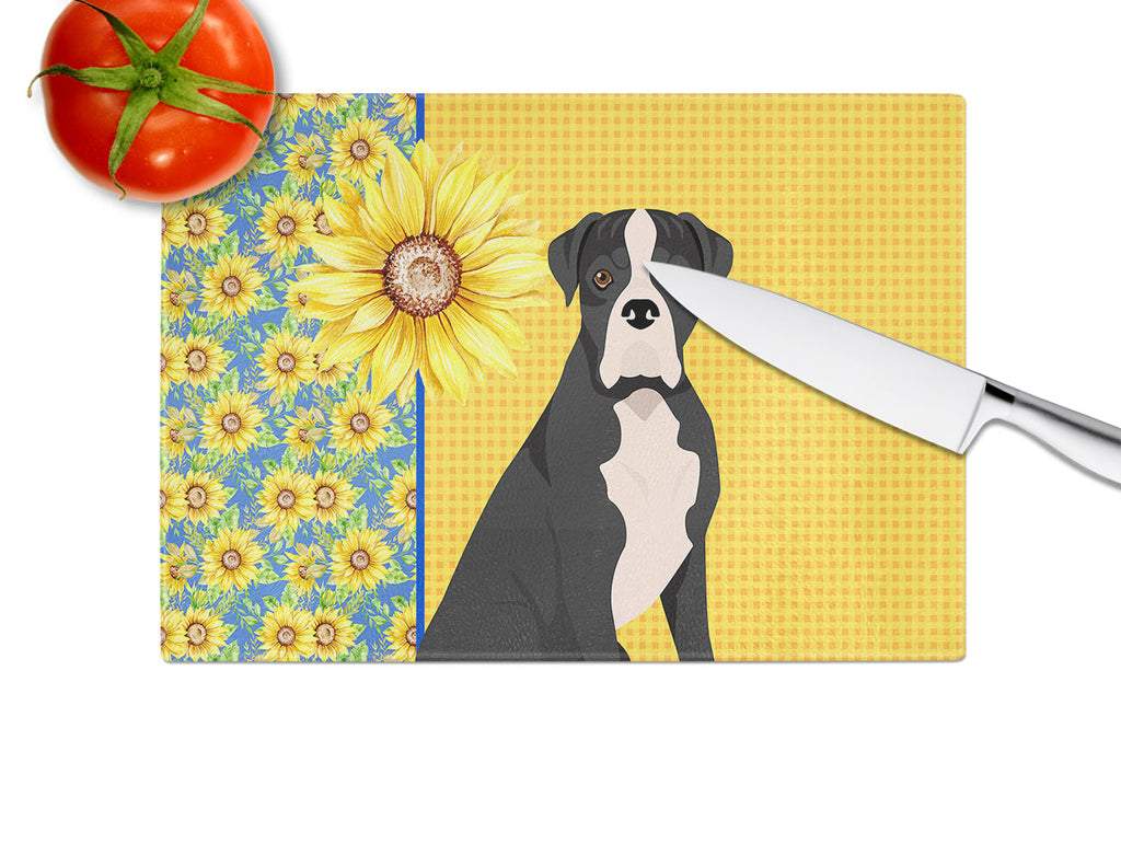 Summer Sunflowers Natural Eared Black Boxer Cutting Board Tempered Glass Kitchen Cutting Surface, Heat Resistant Chopping, Non-Slip Feet, Food Prep & Serving