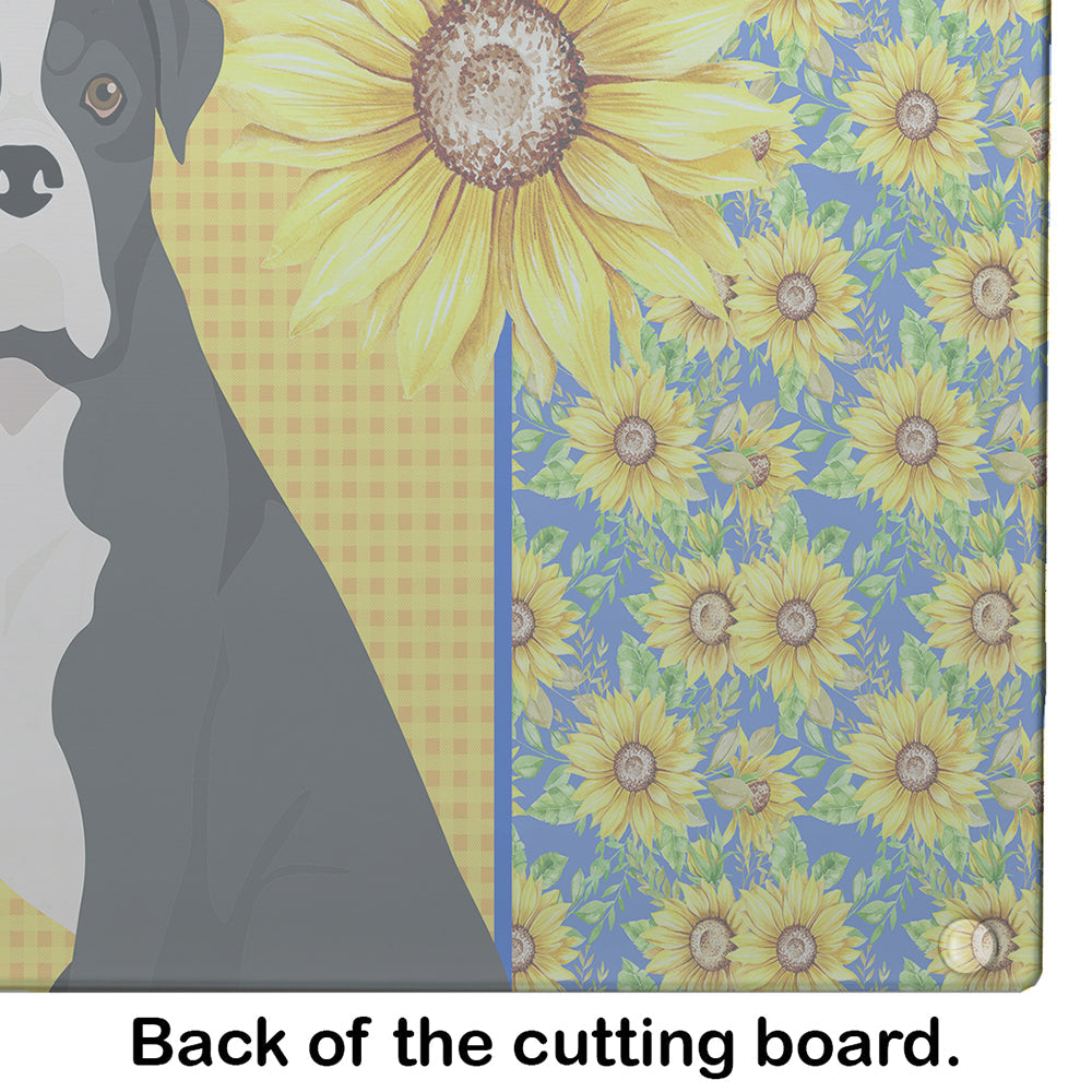 Summer Sunflowers Natural Eared Black Boxer Cutting Board Tempered Glass Kitchen Cutting Surface, Heat Resistant Chopping, Non-Slip Feet, Food Prep & Serving