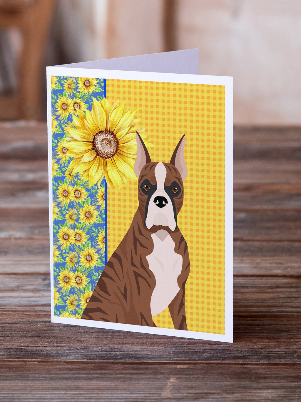 Summer Sunflowers Red Brindle Boxer Greeting Cards Pack of 8 Blank Cards with Envelopes Whimsical A7 Size 5x7