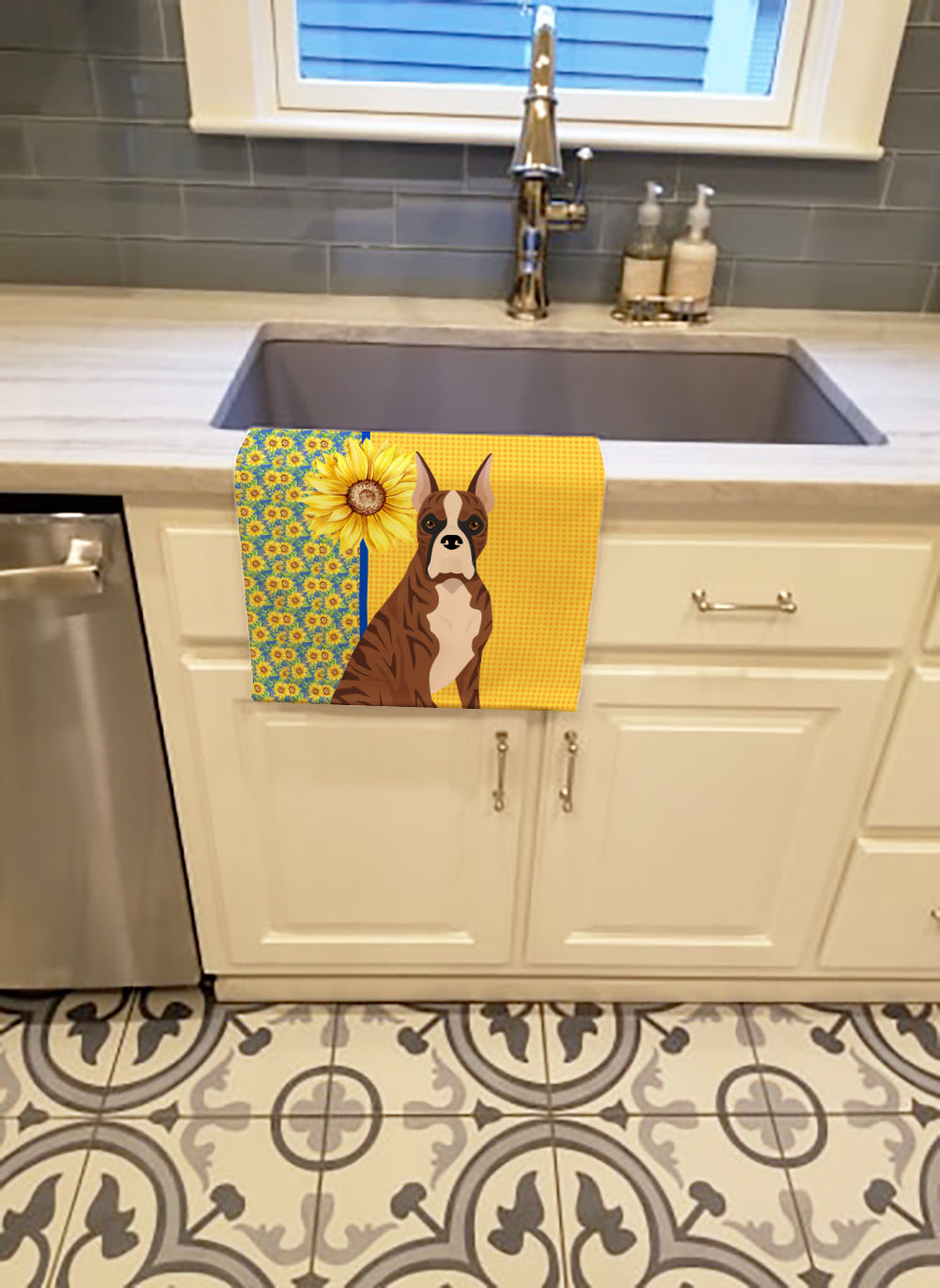 Summer Sunflowers Red Brindle Boxer Kitchen Towel Velour Plush Front and Cotton Loop Back Machine Washable