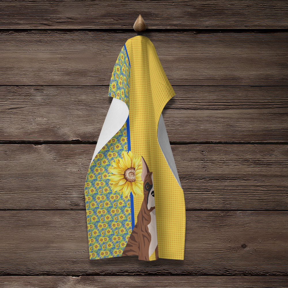 Summer Sunflowers Red Brindle Boxer Kitchen Towel Velour Plush Front and Cotton Loop Back Machine Washable