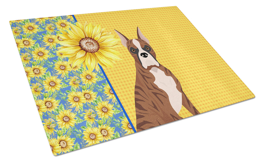 Summer Sunflowers Red Brindle Boxer Cutting Board Tempered Glass Kitchen Cutting Surface, Heat Resistant Chopping, Non-Slip Feet, Food Prep & Serving