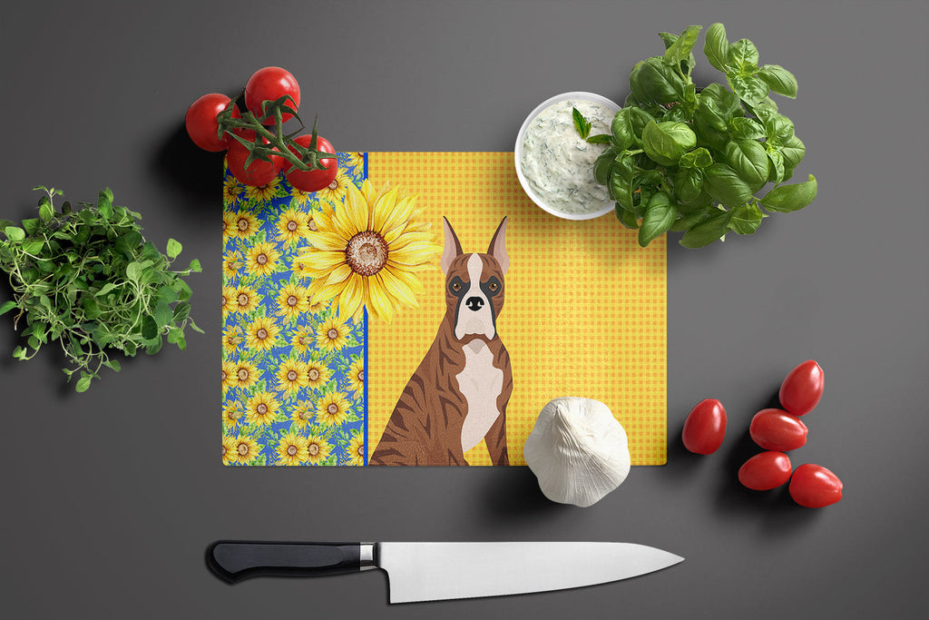 Summer Sunflowers Red Brindle Boxer Cutting Board Tempered Glass Kitchen Cutting Surface, Heat Resistant Chopping, Non-Slip Feet, Food Prep & Serving