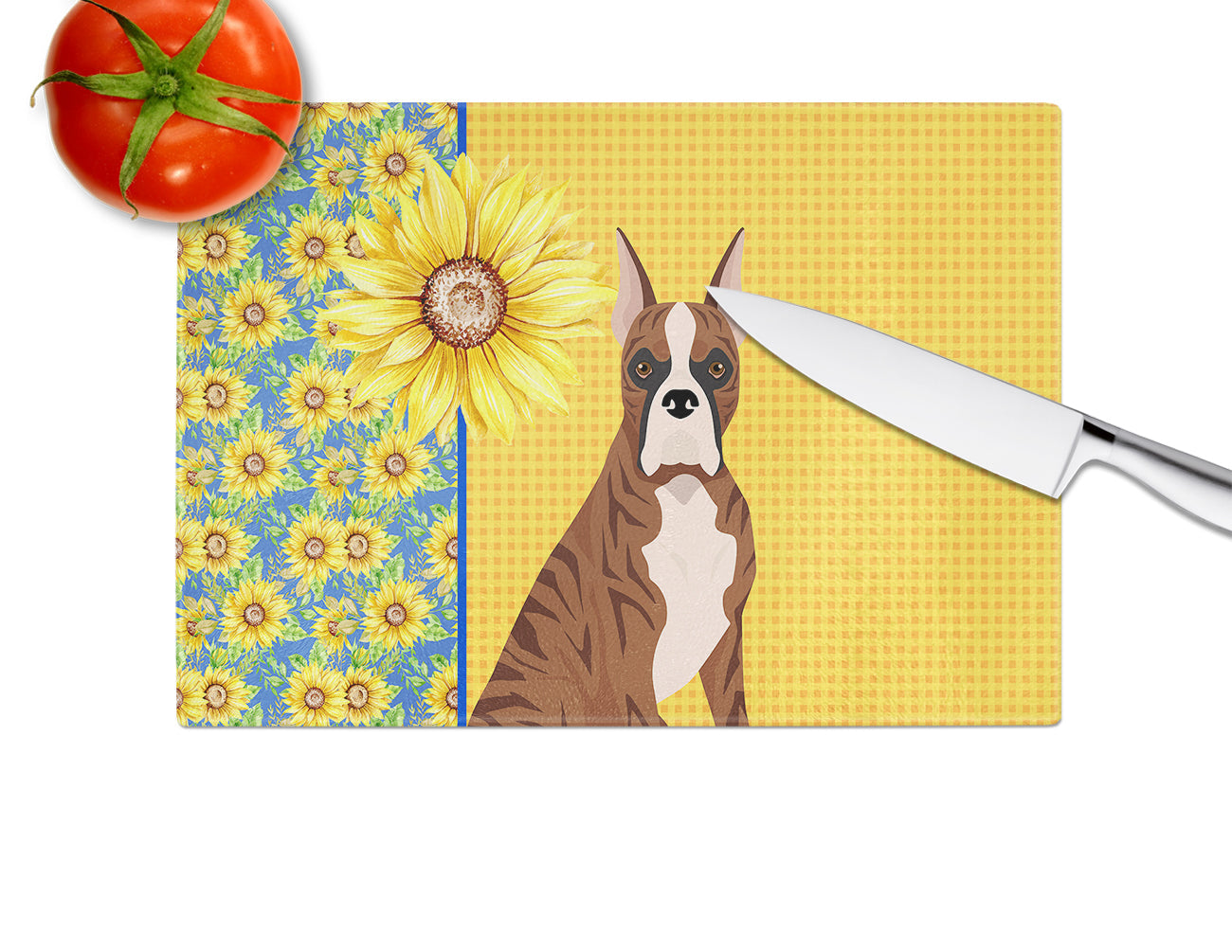 Summer Sunflowers Red Brindle Boxer Cutting Board Tempered Glass Kitchen Cutting Surface, Heat Resistant Chopping, Non-Slip Feet, Food Prep & Serving