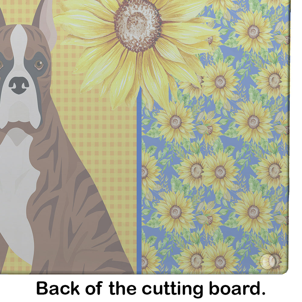 Summer Sunflowers Red Brindle Boxer Cutting Board Tempered Glass Kitchen Cutting Surface, Heat Resistant Chopping, Non-Slip Feet, Food Prep & Serving