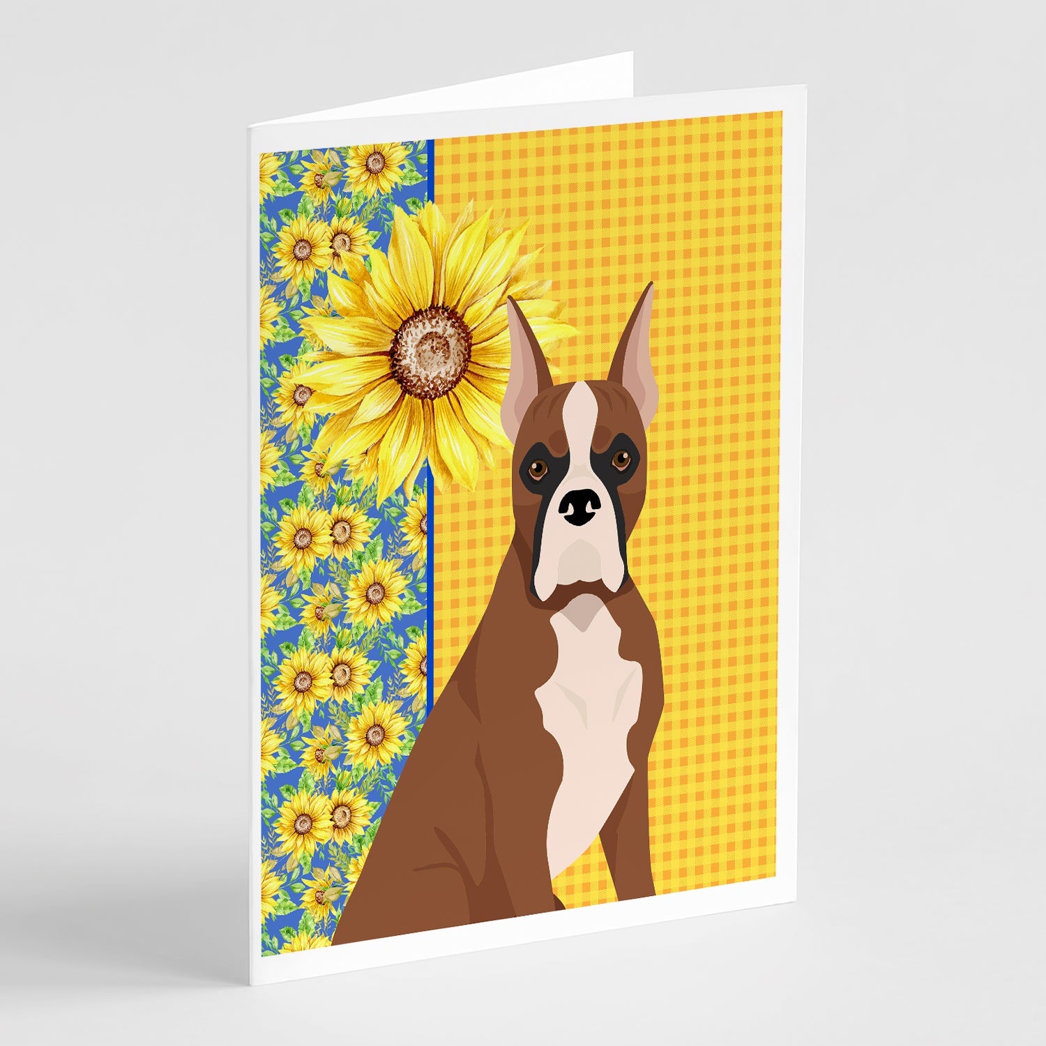Summer Sunflowers Red Fawn Boxer Greeting Cards Pack of 8 Blank Cards with Envelopes Whimsical A7 Size 5x7