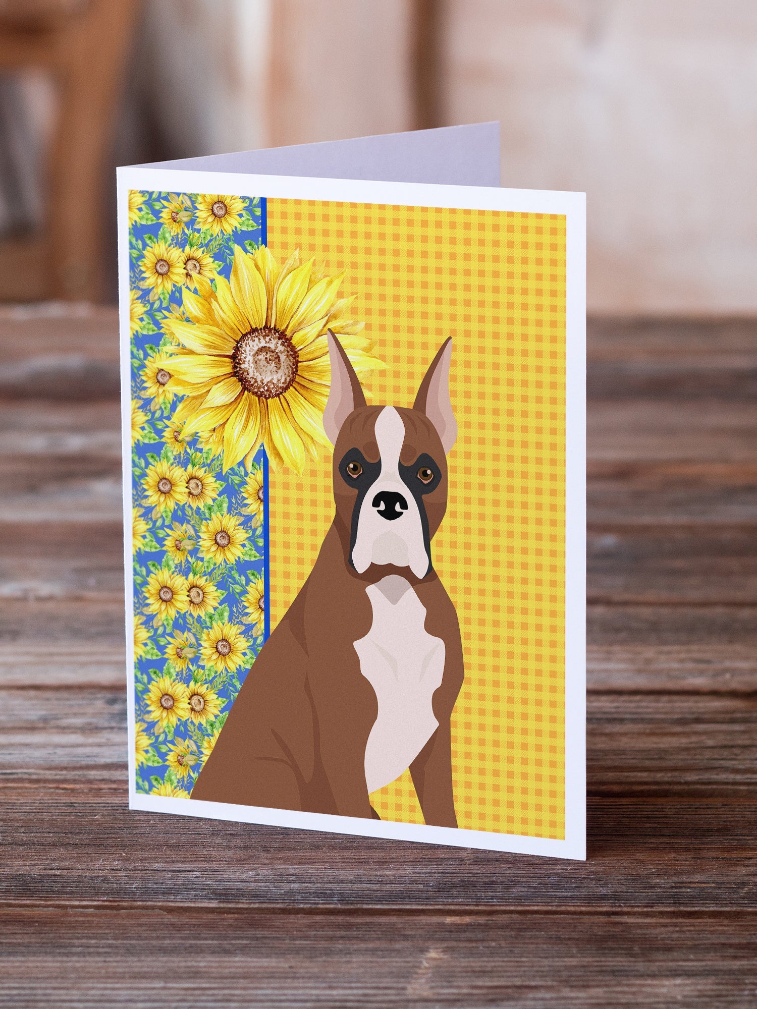 Summer Sunflowers Red Fawn Boxer Greeting Cards Pack of 8 Blank Cards with Envelopes Whimsical A7 Size 5x7