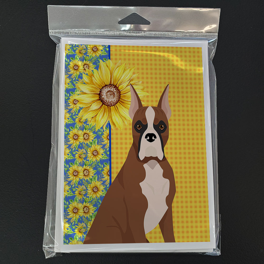 Summer Sunflowers Red Fawn Boxer Greeting Cards Pack of 8 Blank Cards with Envelopes Whimsical A7 Size 5x7