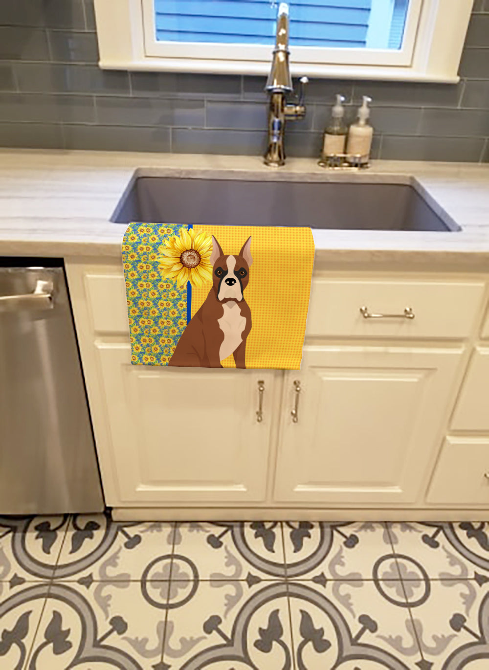 Summer Sunflowers Red Fawn Boxer Kitchen Towel Velour Plush Front and Cotton Loop Back Machine Washable