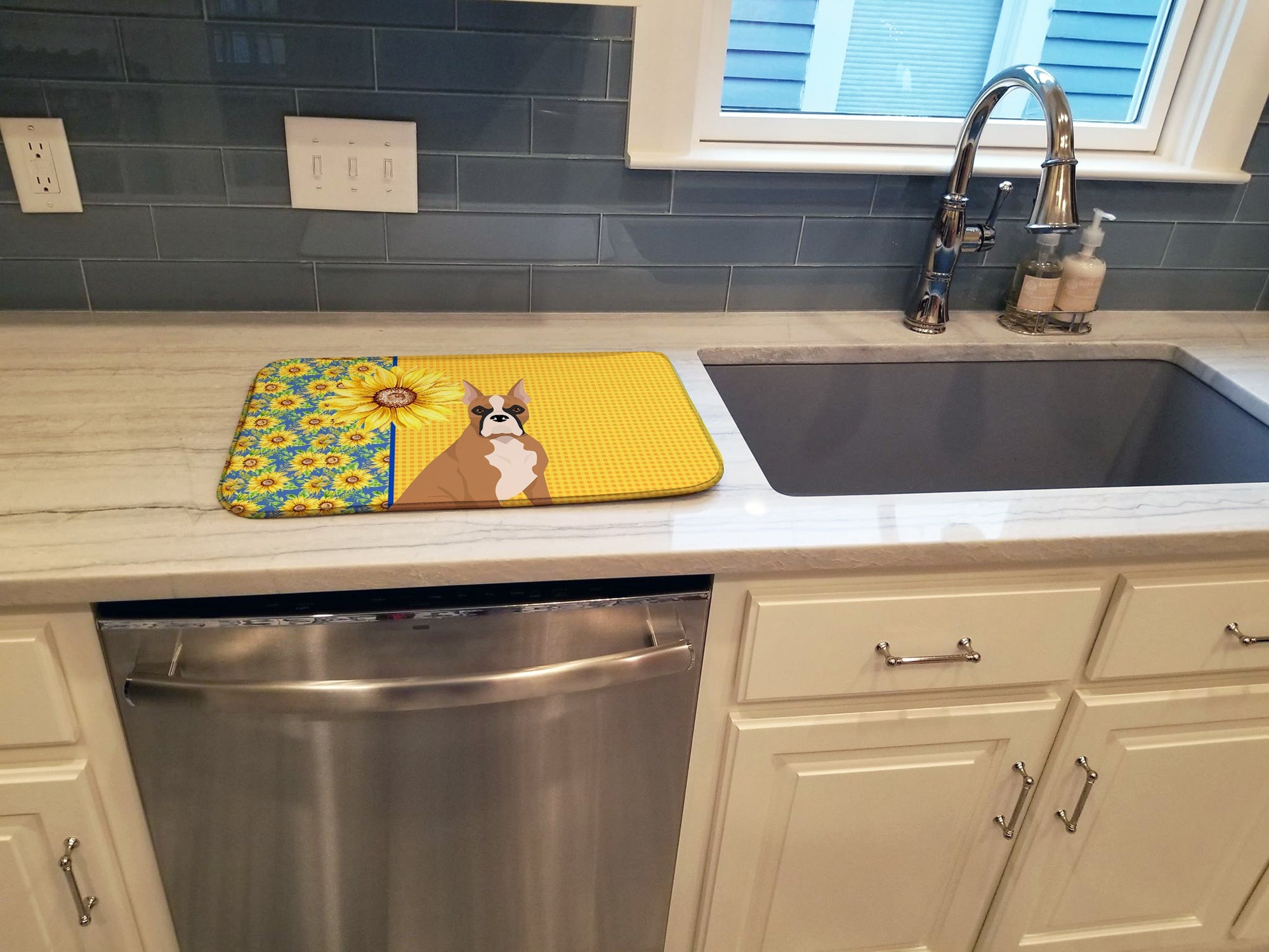 Summer Sunflowers Fawn Boxer Dish Drying Mat Absorbent Dish Drying Mat Pad for Kitchen Counter Dish Drainer Mat for Countertop, 14 x 21", Multicolor