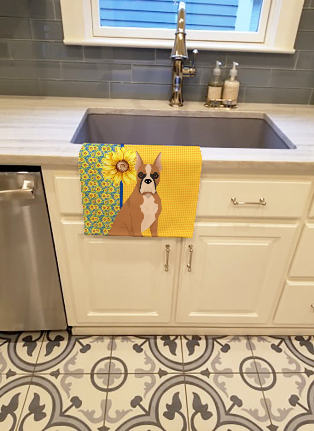 Summer Sunflowers Fawn Boxer Kitchen Towel Velour Plush Front and Cotton Loop Back Machine Washable