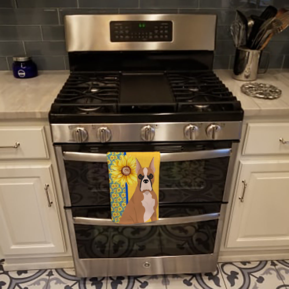 Summer Sunflowers Fawn Boxer Kitchen Towel Velour Plush Front and Cotton Loop Back Machine Washable