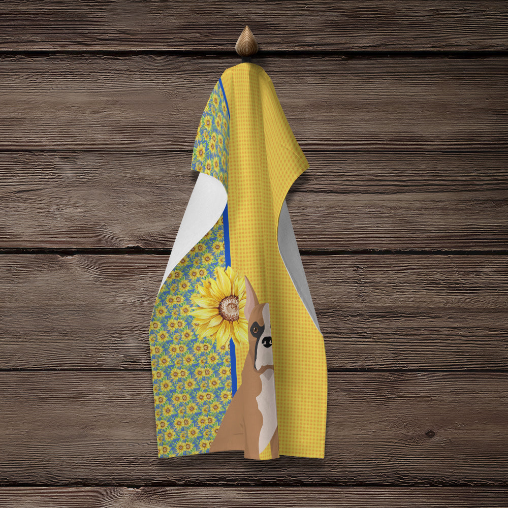 Summer Sunflowers Fawn Boxer Kitchen Towel Velour Plush Front and Cotton Loop Back Machine Washable