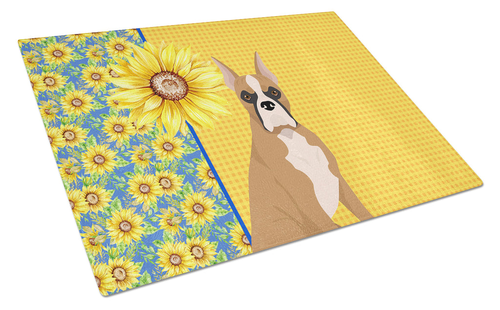 Summer Sunflowers Fawn Boxer Cutting Board Tempered Glass Kitchen Cutting Surface, Heat Resistant Chopping, Non-Slip Feet, Food Prep & Serving