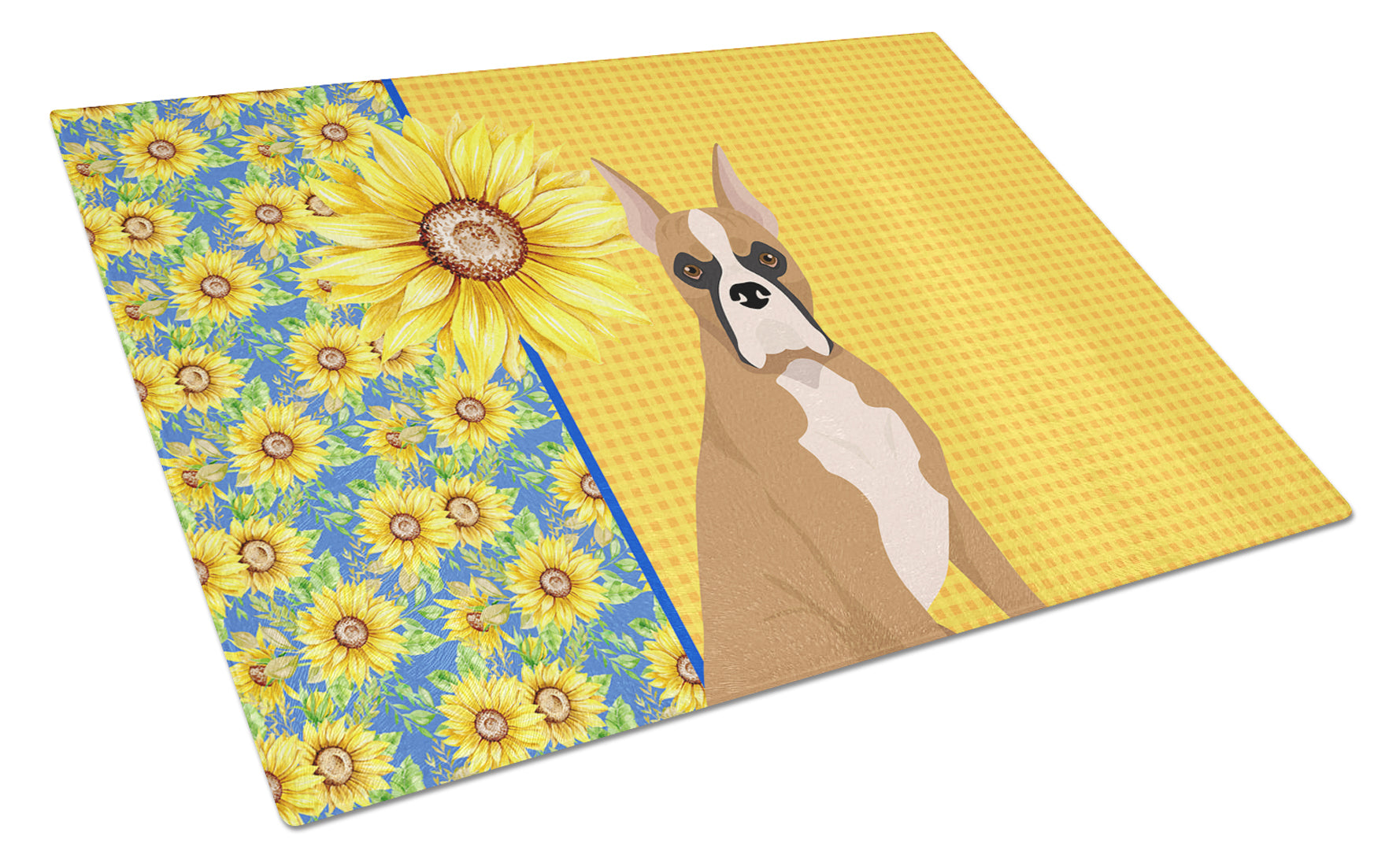Summer Sunflowers Fawn Boxer Cutting Board Tempered Glass Kitchen Cutting Surface, Heat Resistant Chopping, Non-Slip Feet, Food Prep & Serving