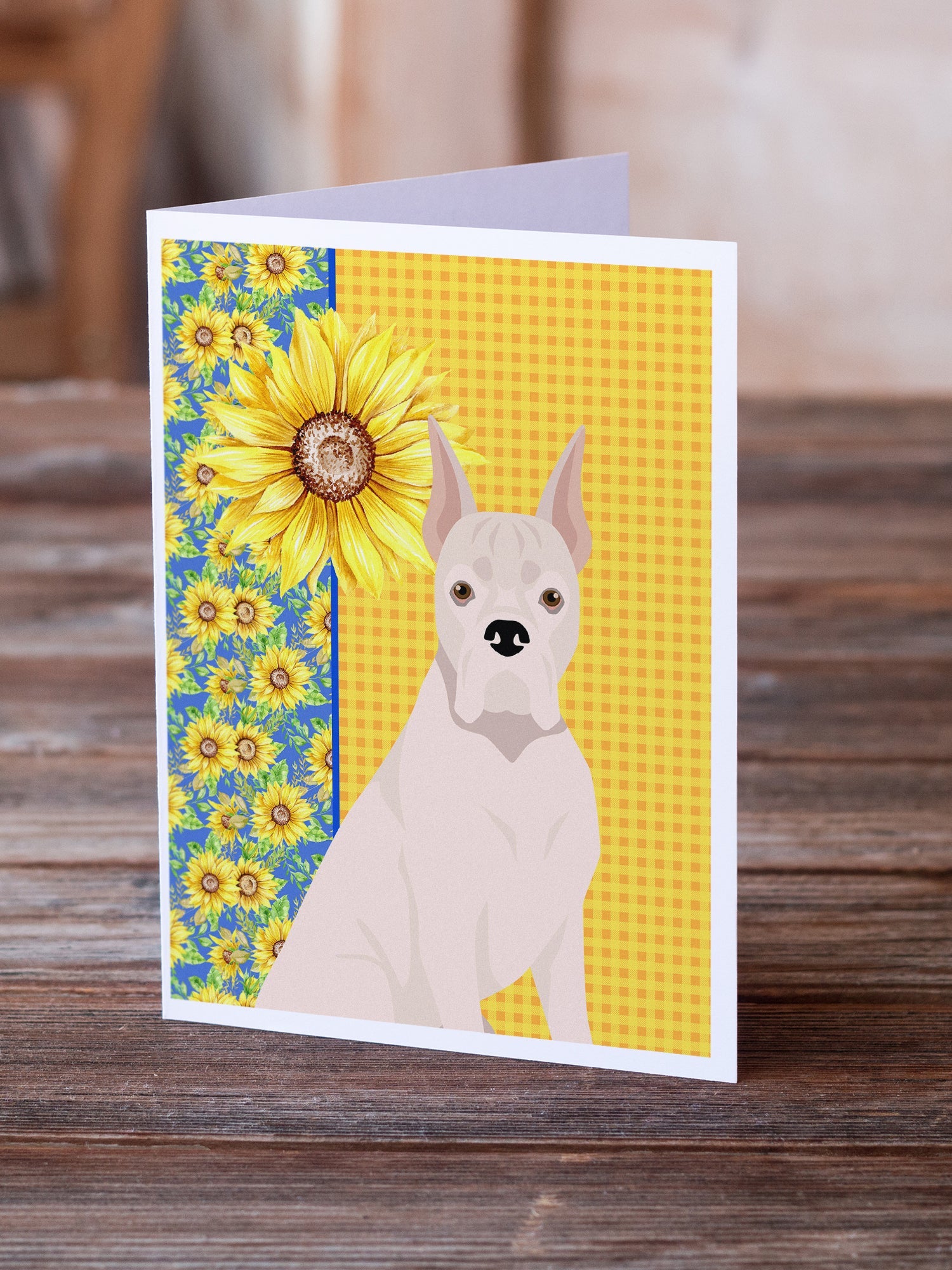 Summer Sunflowers White Boxer Greeting Cards Pack of 8 Blank Cards with Envelopes Whimsical A7 Size 5x7