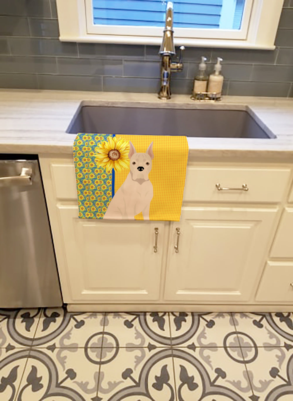 Summer Sunflowers White Boxer Kitchen Towel Velour Plush Front and Cotton Loop Back Machine Washable