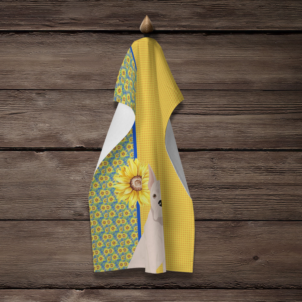 Summer Sunflowers White Boxer Kitchen Towel Velour Plush Front and Cotton Loop Back Machine Washable