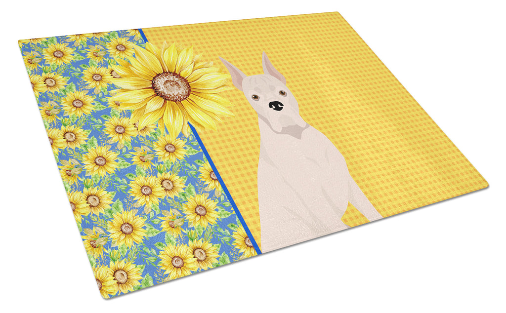 Summer Sunflowers White Boxer Cutting Board Tempered Glass Kitchen Cutting Surface, Heat Resistant Chopping, Non-Slip Feet, Food Prep & Serving