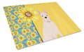 Summer Sunflowers White Boxer Cutting Board Tempered Glass Kitchen Cutting Surface, Heat Resistant Chopping, Non-Slip Feet, Food Prep & Serving