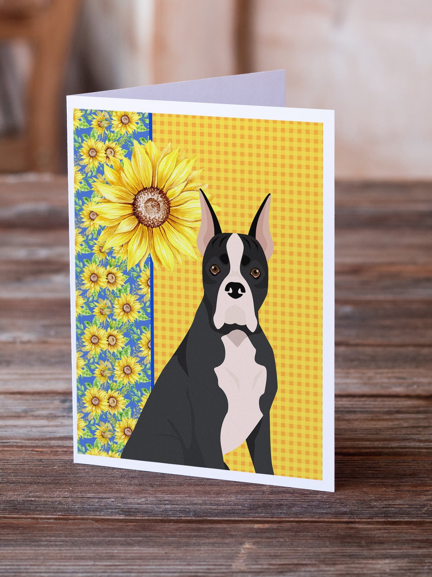 Summer Sunflowers Black Boxer Greeting Cards Pack of 8 Blank Cards with Envelopes Whimsical A7 Size 5x7