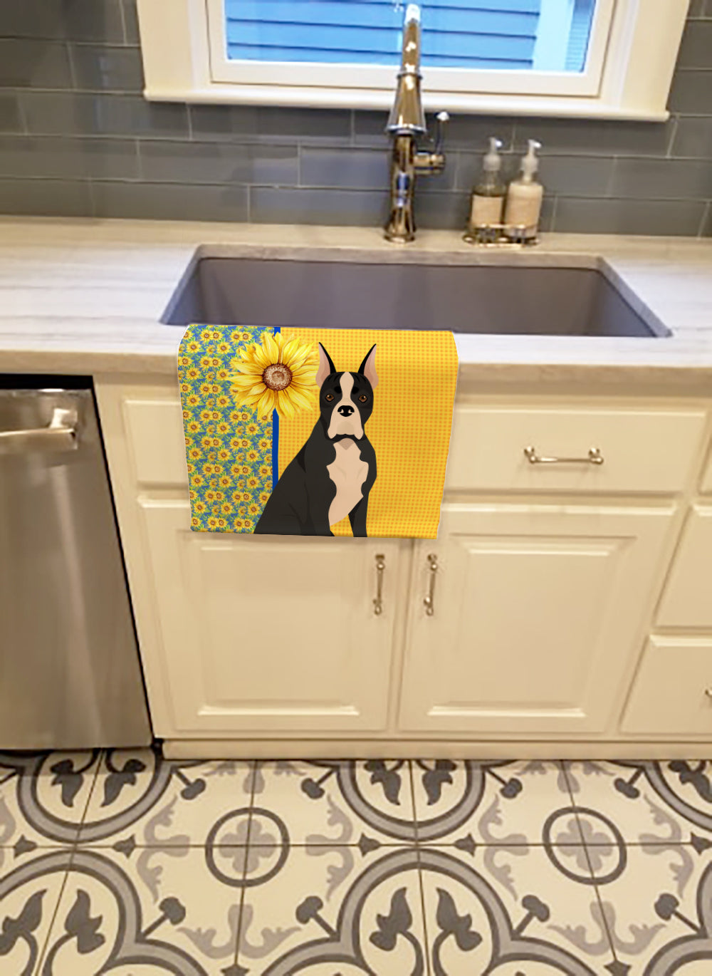Summer Sunflowers Black Boxer Kitchen Towel Velour Plush Front and Cotton Loop Back Machine Washable