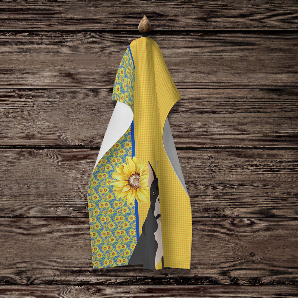Summer Sunflowers Black Boxer Kitchen Towel Velour Plush Front and Cotton Loop Back Machine Washable