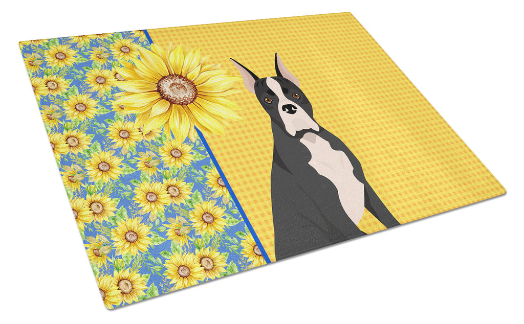 Summer Sunflowers Black Boxer Cutting Board Tempered Glass Kitchen Cutting Surface, Heat Resistant Chopping, Non-Slip Feet, Food Prep & Serving
