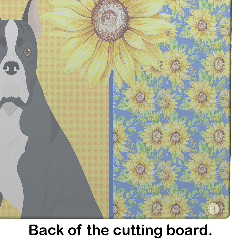 Summer Sunflowers Black Boxer Cutting Board Tempered Glass Kitchen Cutting Surface, Heat Resistant Chopping, Non-Slip Feet, Food Prep & Serving
