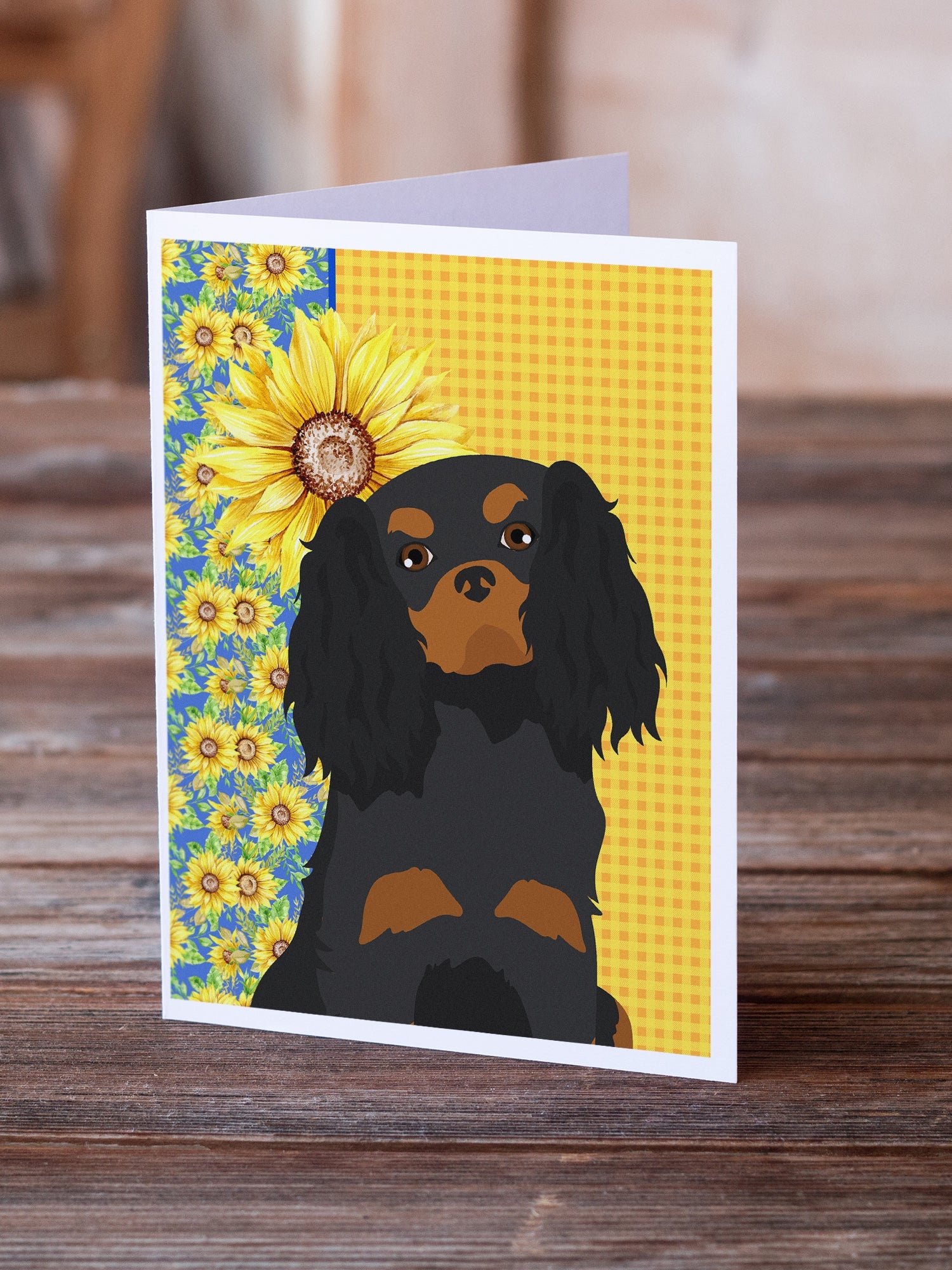 Summer Sunflowers Black and Tan Cavalier Spaniel Greeting Cards Pack of 8 Blank Cards with Envelopes Whimsical A7 Size 5x7
