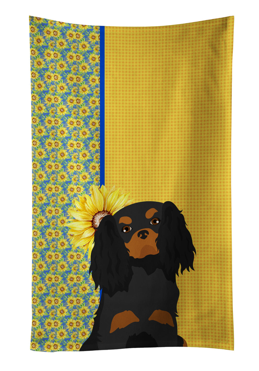 Summer Sunflowers Black and Tan Cavalier Spaniel Kitchen Towel Velour Plush Front and Cotton Loop Back Machine Washable