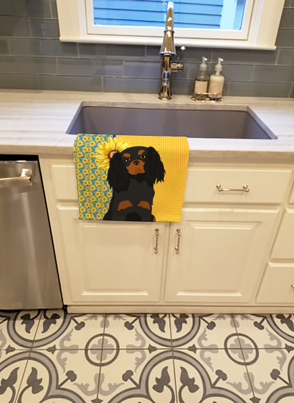 Summer Sunflowers Black and Tan Cavalier Spaniel Kitchen Towel Velour Plush Front and Cotton Loop Back Machine Washable