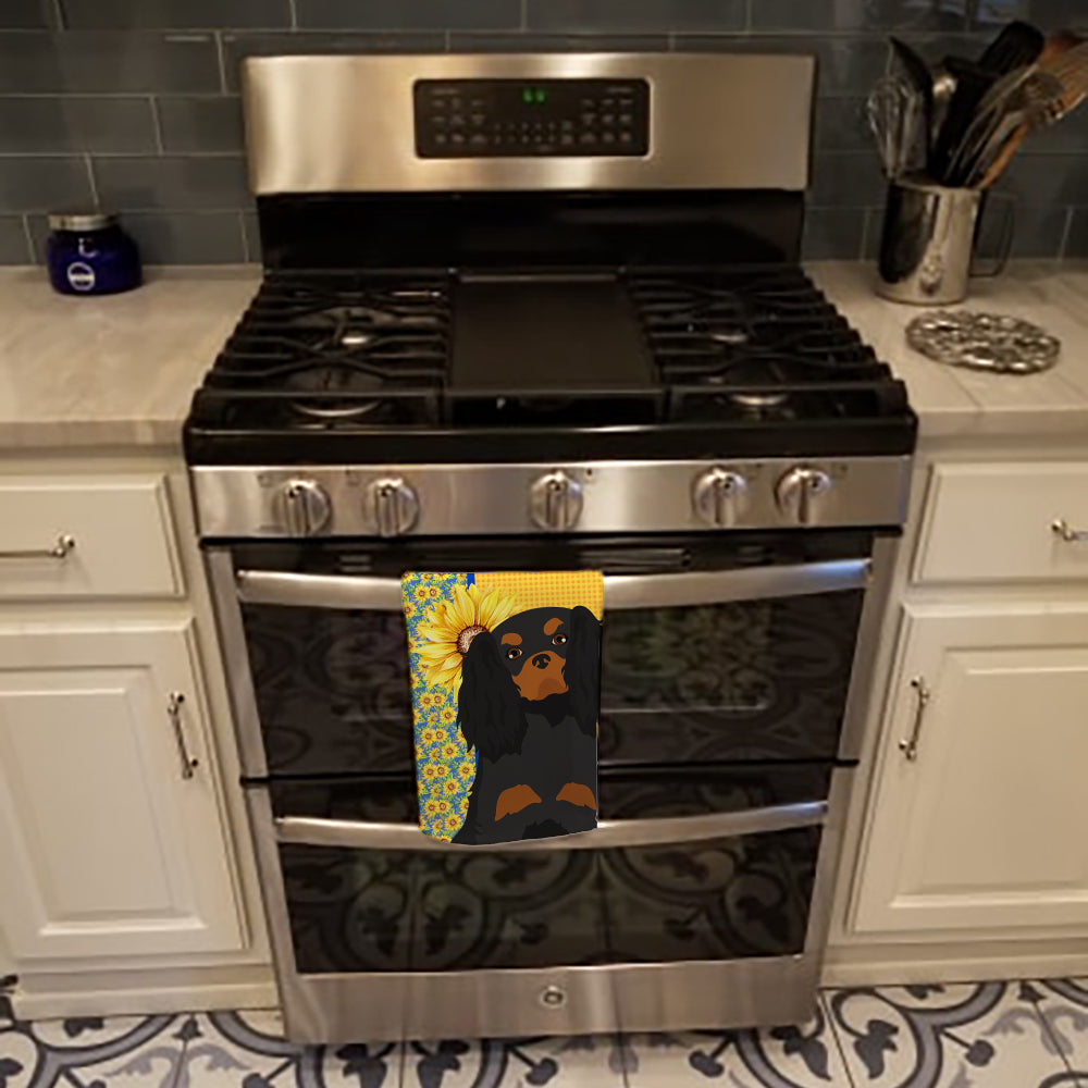 Summer Sunflowers Black and Tan Cavalier Spaniel Kitchen Towel Velour Plush Front and Cotton Loop Back Machine Washable