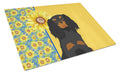 Summer Sunflowers Black and Tan Cavalier Spaniel Cutting Board Tempered Glass Kitchen Cutting Surface, Heat Resistant Chopping, Non-Slip Feet, Food Prep & Serving