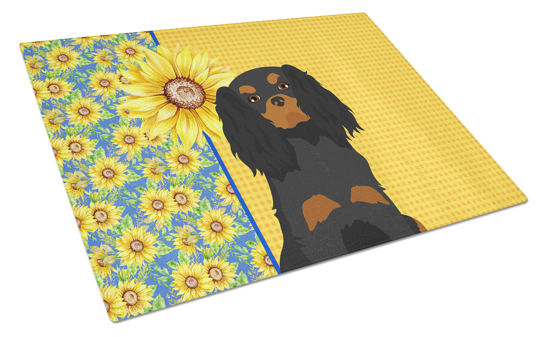 Summer Sunflowers Black and Tan Cavalier Spaniel Cutting Board Tempered Glass Kitchen Cutting Surface, Heat Resistant Chopping, Non-Slip Feet, Food Prep & Serving