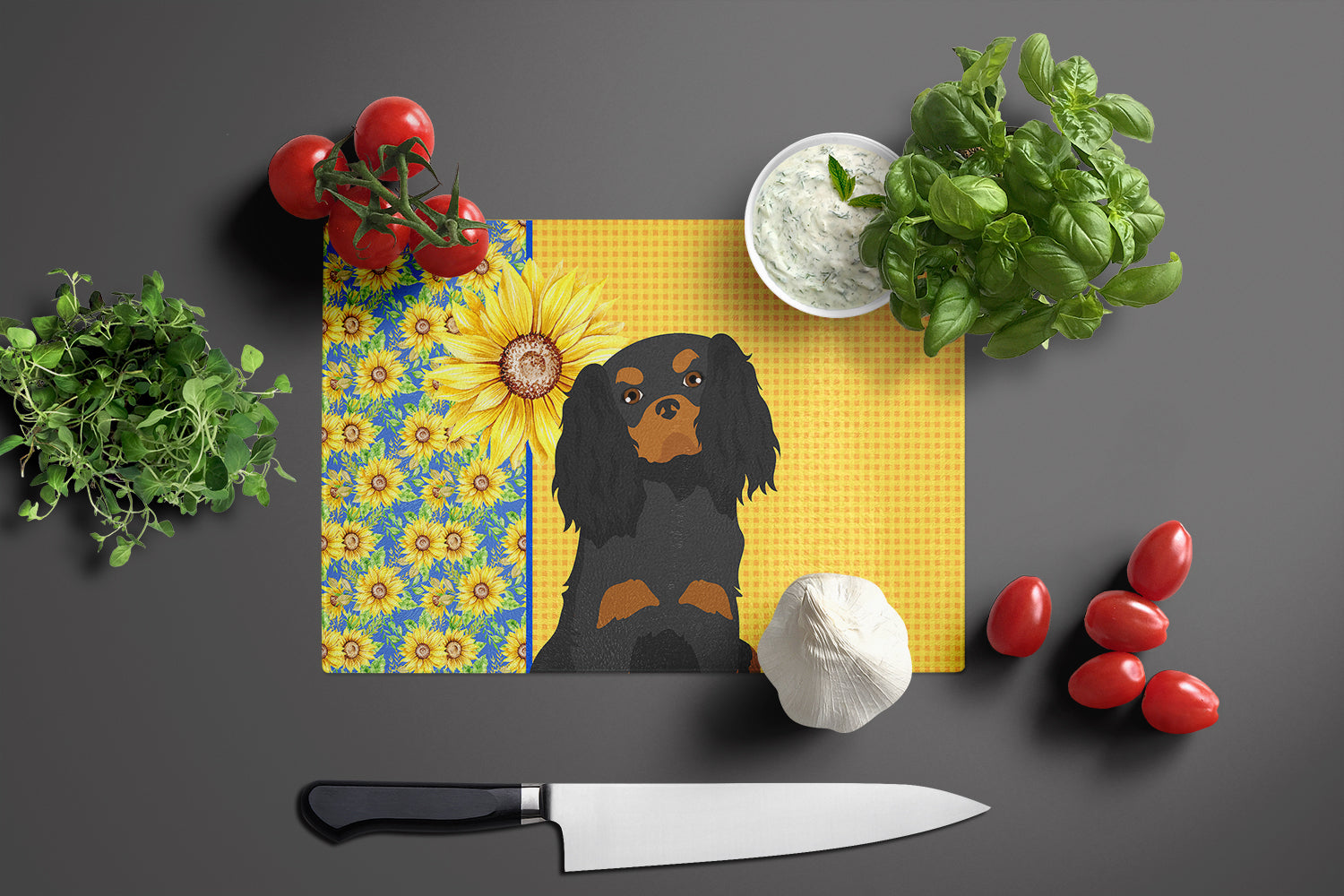 Summer Sunflowers Black and Tan Cavalier Spaniel Cutting Board Tempered Glass Kitchen Cutting Surface, Heat Resistant Chopping, Non-Slip Feet, Food Prep & Serving