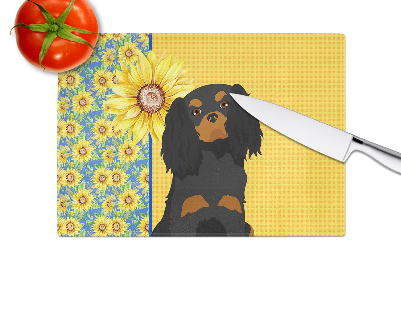 Summer Sunflowers Black and Tan Cavalier Spaniel Cutting Board Tempered Glass Kitchen Cutting Surface, Heat Resistant Chopping, Non-Slip Feet, Food Prep & Serving