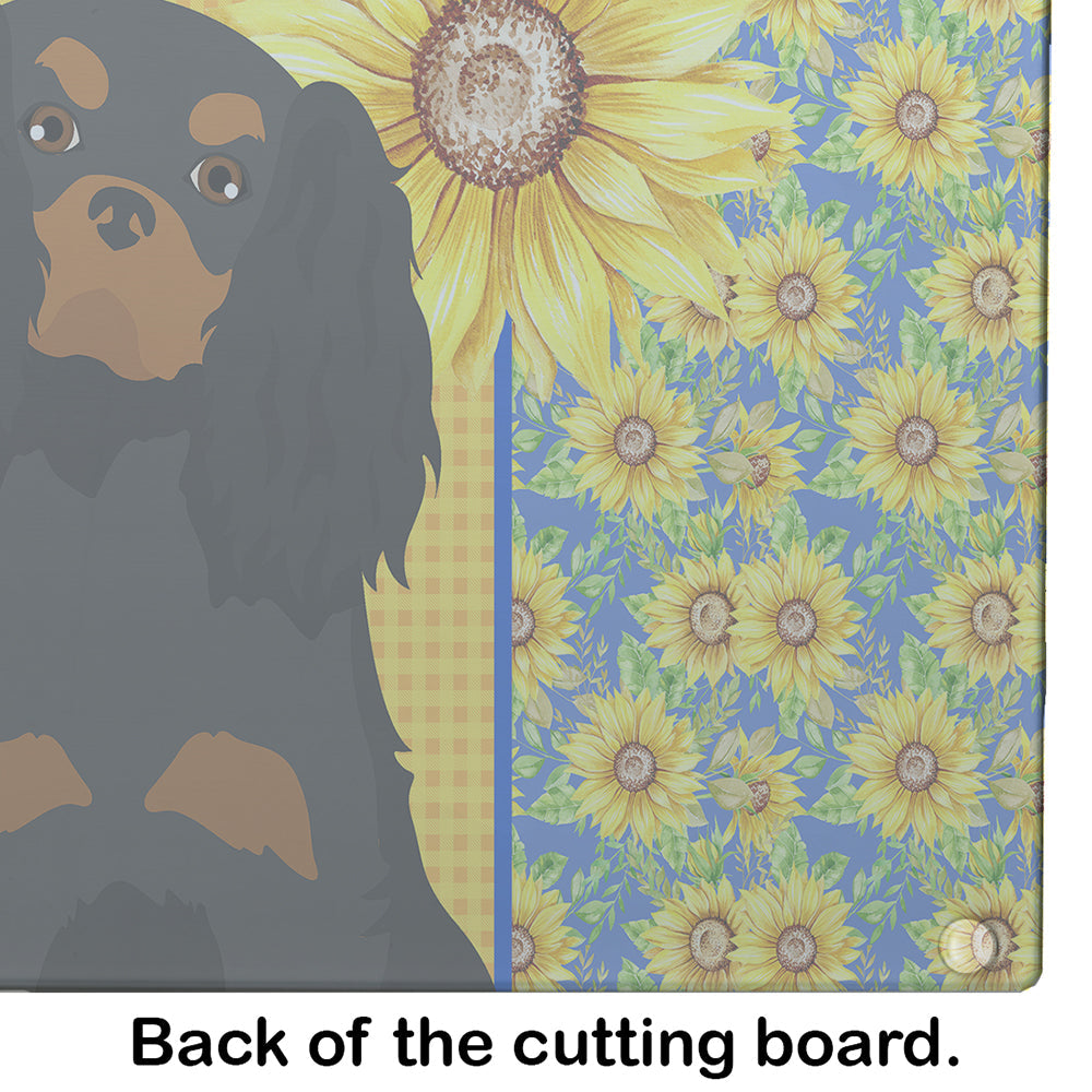 Summer Sunflowers Black and Tan Cavalier Spaniel Cutting Board Tempered Glass Kitchen Cutting Surface, Heat Resistant Chopping, Non-Slip Feet, Food Prep & Serving