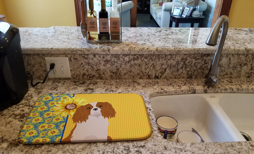 Summer Sunflowers Blenheim Cavalier Spaniel Dish Drying Mat Absorbent Dish Drying Mat Pad for Kitchen Counter Dish Drainer Mat for Countertop, 14 x 21", Multicolor