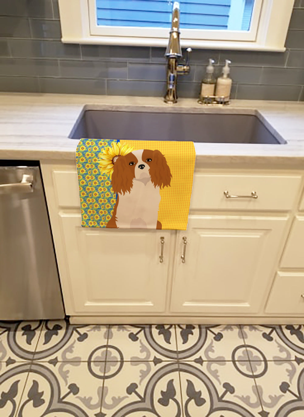 Summer Sunflowers Blenheim Cavalier Spaniel Kitchen Towel Velour Plush Front and Cotton Loop Back Machine Washable