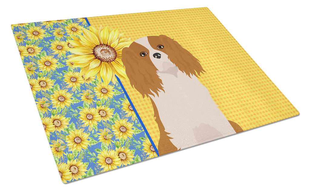Summer Sunflowers Blenheim Cavalier Spaniel Cutting Board Tempered Glass Kitchen Cutting Surface, Heat Resistant Chopping, Non-Slip Feet, Food Prep & Serving