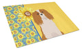 Summer Sunflowers Blenheim Cavalier Spaniel Cutting Board Tempered Glass Kitchen Cutting Surface, Heat Resistant Chopping, Non-Slip Feet, Food Prep & Serving