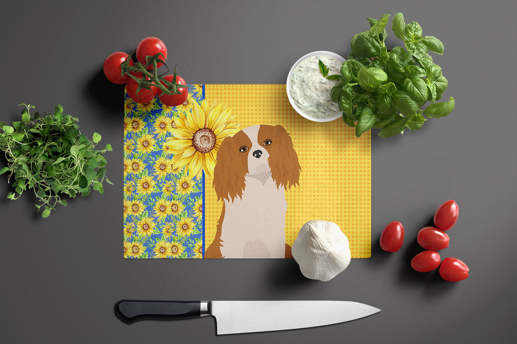 Summer Sunflowers Blenheim Cavalier Spaniel Cutting Board Tempered Glass Kitchen Cutting Surface, Heat Resistant Chopping, Non-Slip Feet, Food Prep & Serving